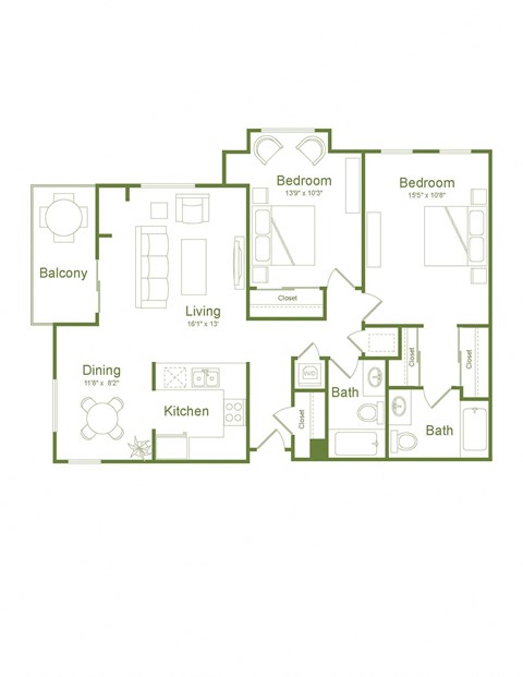 2 Bed 2 Bath 1,019 Sq.Ft.Floor Plan at Wood Creek Apartments, Pleasant Hill, California