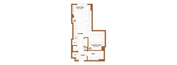 A brown floor plan of a house with a living area, kitchen, sleeping area, and bath.