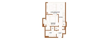 A floor plan of a small apartment with a living room, kitchen, bedroom, bathroom, and entry.