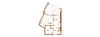 A floor plan of a small apartment with a living room, dining room, kitchen, bedroom, bathroom, and entry.