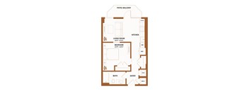 A floor plan of a house with a living room, kitchen, bathroom and bedroom.