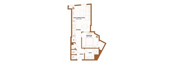 A brown floor plan of a house with a living/dining room, kitchen, bedroom, bathroom, and entry.