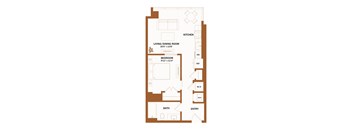 A floor plan of a house with a living room, dining room, kitchen, bedroom, bathroom, and entry.