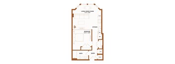 A floor plan of a house with a living/dining room, kitchen, bedroom, bathroom and entry.