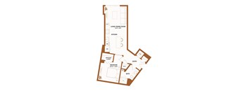 A floor plan of a house with a living room, kitchen, bedroom, and bathroom.