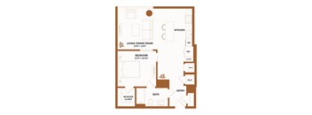 A floor plan of a house with a living room, dining room, kitchen, bedroom, bathroom, and a spacious closet.