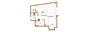 A floor plan of a house with a bedroom, living room, kitchen, bathroom, and a spacious closet.