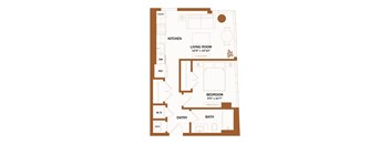 A floor plan of a house with a living room, kitchen, dining room, and bathroom.