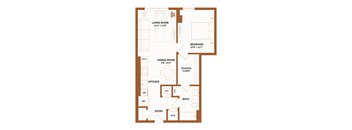A brown floor plan of a house with a living room, dining room, kitchen, and bathroom.