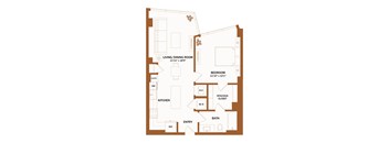 A floor plan of a house with a living/dining room, kitchen, bath, bedroom, and a spacious closet.