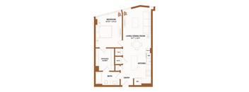 A floor plan of a house with a bedroom, living/dining room, kitchen, bath, and entry.