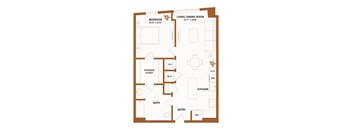 A floor plan of a house with a bedroom, living/dining room, kitchen, bath, and entry.
