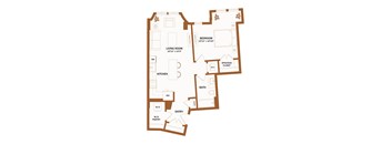 A brown floor plan of a house with a living room, kitchen, dining room, bedroom, bathroom, and entry.
