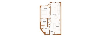 A floor plan of a house with a bedroom, living/dining room, kitchen, bath, and entry.