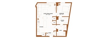 A floor plan of a house with a living/dining room, kitchen, bedroom, bathroom, and a spacious closet.