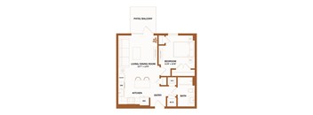 A floor plan of a house with a living room, dining room, kitchen, bedroom, bathroom, and a patio/balcony.