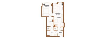 A floor plan of a house with a bedroom, living room, kitchen, bathroom, and entry.