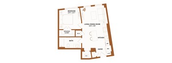 A floor plan of a house with a bedroom, living room, kitchen, bathroom, and a spacious closet.