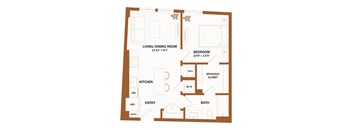A floor plan of a house with a living room, kitchen, dining room, bedroom, bathroom, and closet.