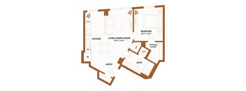 A floor plan of a house with a living room, dining room, kitchen, bathroom, and bedroom.