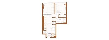 A floor plan of a house with a living/dining room, kitchen, bathroom, and bedroom.