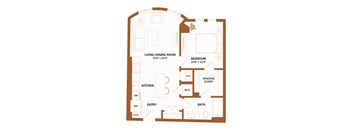 A floor plan of a house with a living/dining room, kitchen, entry, bath, bedroom, and spacious closet.