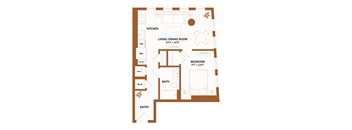 A floor plan of a house with a living room, dining room, kitchen, bathroom, and two bedrooms.
