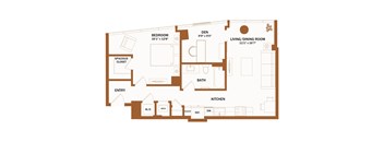 A floor plan of a house with a bedroom, living room, kitchen, and bathroom.