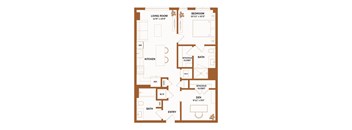 A brown floor plan of a house with a living room, kitchen, dining room, and bathroom.