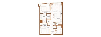 A brown floor plan of a house with a living room, two bedrooms, a kitchen, a bathroom, a den, a study, and an entry.