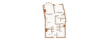 A brown floor plan of a house with a living/dining room, kitchen, bath, and two bedrooms.