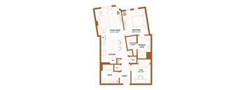 A floor plan of a house with a living room, kitchen, dining room, and bathrooms.