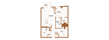 A floor plan of a house with a living room, kitchen, and two bathrooms.
