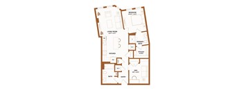 A floor plan of a house with a living room, kitchen, and two bathrooms.