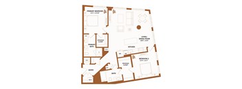 A floor plan of a house with a primary bedroom, a living/dining room, a kitchen, a bath, and two bedrooms.