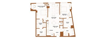 A brown floor plan of a house with a primary bedroom, two bedrooms, a living room, a dining room, a kitchen, a bathroom, a pantry, a spacious closet, and an entry.