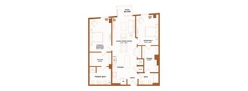 A floor plan of a house with a living room, dining room, kitchen, and two bedrooms.