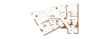 A floor plan of a house with a living room, dining room, kitchen, two bedrooms, a bathroom, a closet, and an entry.