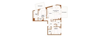A floor plan of a house with two bedrooms, a living area, a kitchen, a bathroom, and a primary bath.
