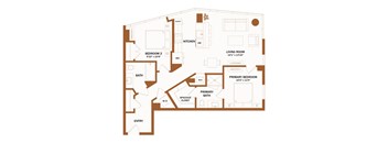 A floor plan of a house with a living room, two bedrooms, a bathroom, a kitchen, a dining area, and a spacious closet.