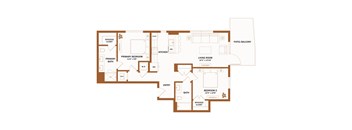 A floor plan of a house with a living room, two bedrooms, a kitchen, and a bathroom.