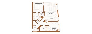 A floor plan of a house with two bedrooms, a living/dining room, a kitchen, a spacious closet, a bath, and an entry.