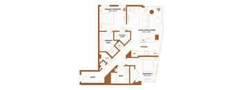 A floor plan of a house with a primary bedroom, living/dining room, kitchen, bathrooms, and an entry.