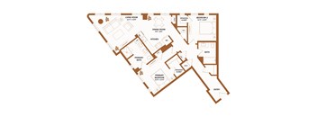 A brown floor plan of a house with a living room, dining room, kitchen, two bedrooms, two bathrooms, a primary bedroom, a spacious closet, and an entry.