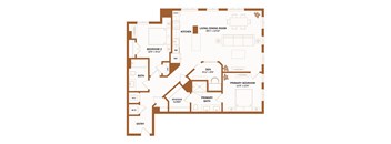 A floor plan of a house with a living room, kitchen, and two bedrooms.