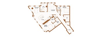A floor plan of a house with a kitchen, living room, dining room, two bedrooms, a bathroom, and a spacious closet.