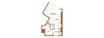 A floor plan of a room with a sleeping area, kitchen, bath, and entry.