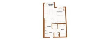 A floor plan of a small apartment with a living area, sleeping area, kitchen, bathroom, entry, and pantry.