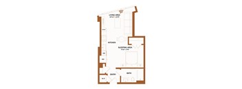 A brown floor plan of a house with a living area, kitchen, sleeping area, bathroom, and entry.