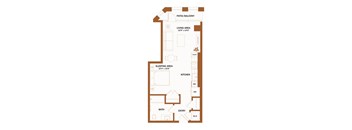 A floor plan of a home with a living area, sleeping area, kitchen, bath, and entry.